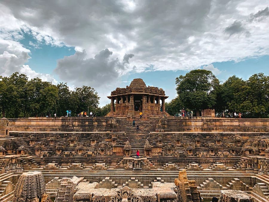 Modhera Sun Temple, Gujarat — Solanki stonework around a sacred tank.